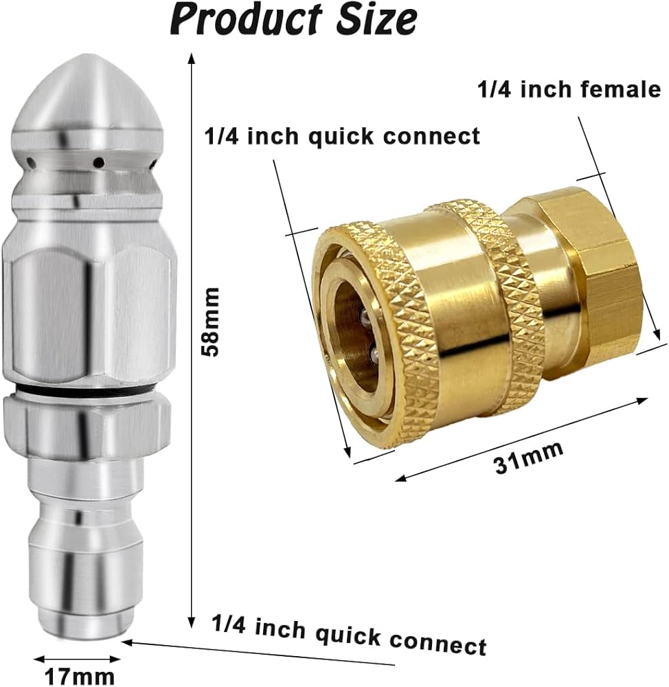 2 Pack 5000 PSI Sewer Jet Nozzle with Pressure Washer Coupler, Stainless  Steel 1/4 Inch Pressure Washer Drain Jetter Hose Nozzle and Brass Fittings  Quick Connector, 1/4'' Quick Connect to Female NPT :